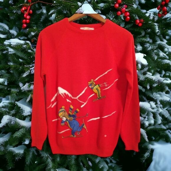 Vintage 70s Embroidered Sweater New Cyn Les Skiing Bear Pullover Shirlee Designs - Picture 1 of 16